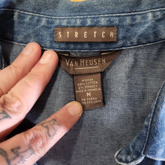 Van Heusen Denim Collared Button Down Cotton Ruffle Detail Medium Stretch - Picture 4 of 8